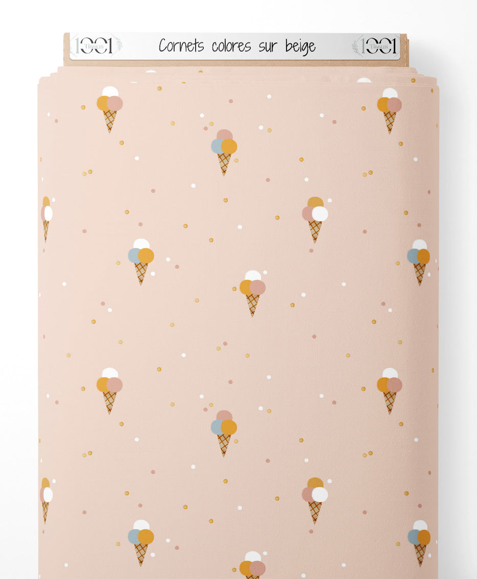 Tissu - Cornets colorés sur beige