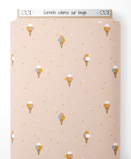 Tissu - Cornets colorés sur beige