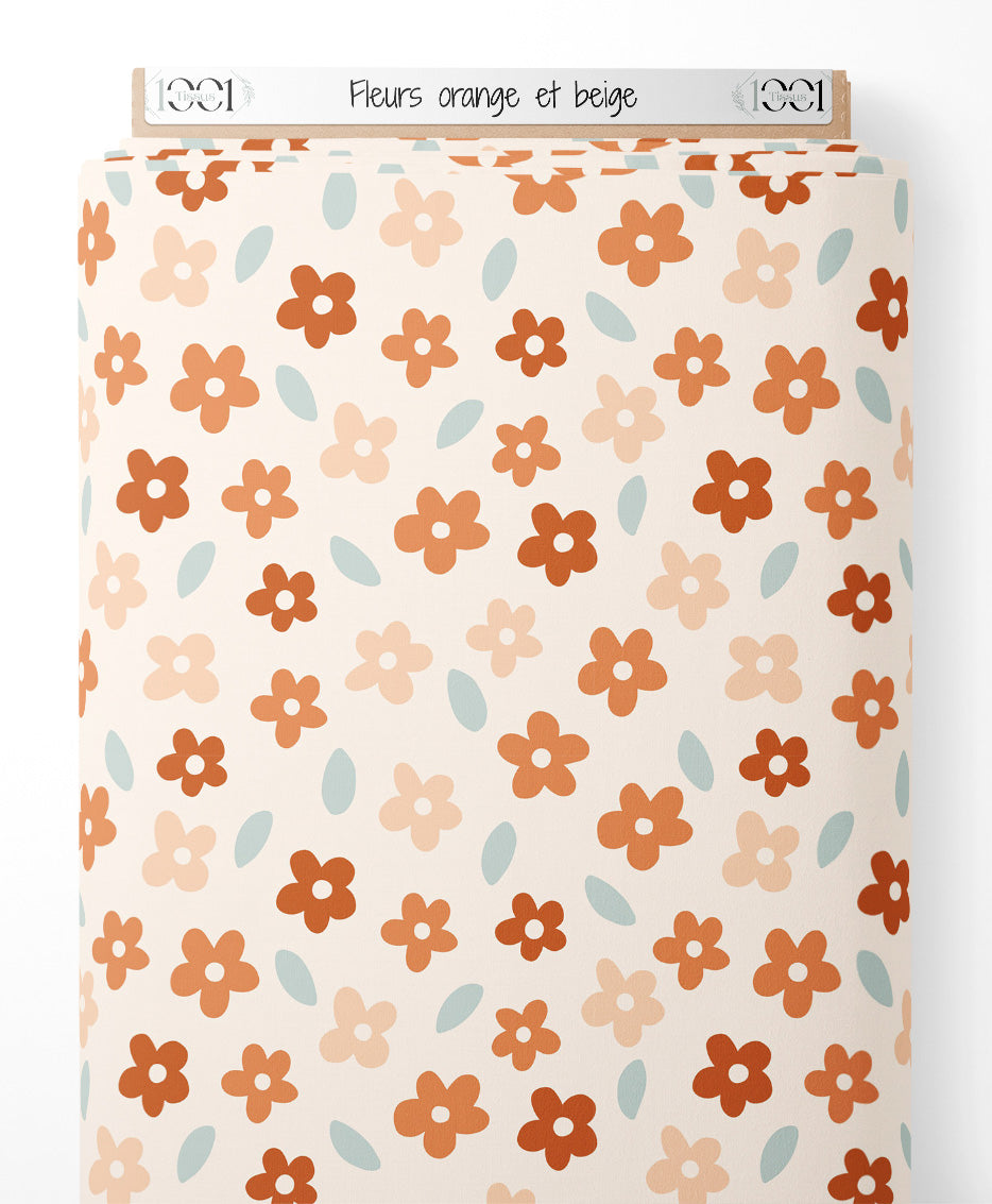 Tissu - Fleurs orange et beige
