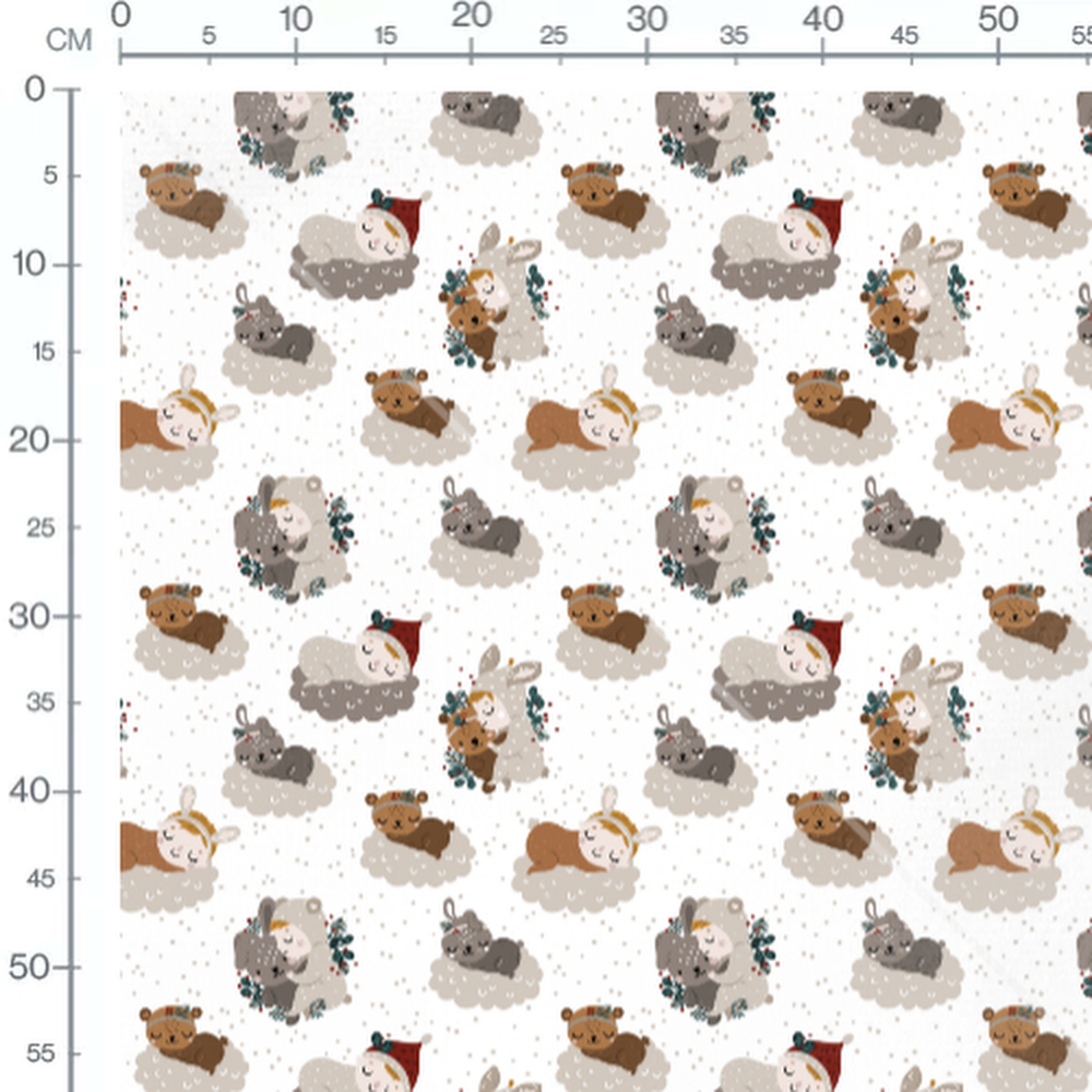 Tissu - Animaux avec bonnets sur nuages