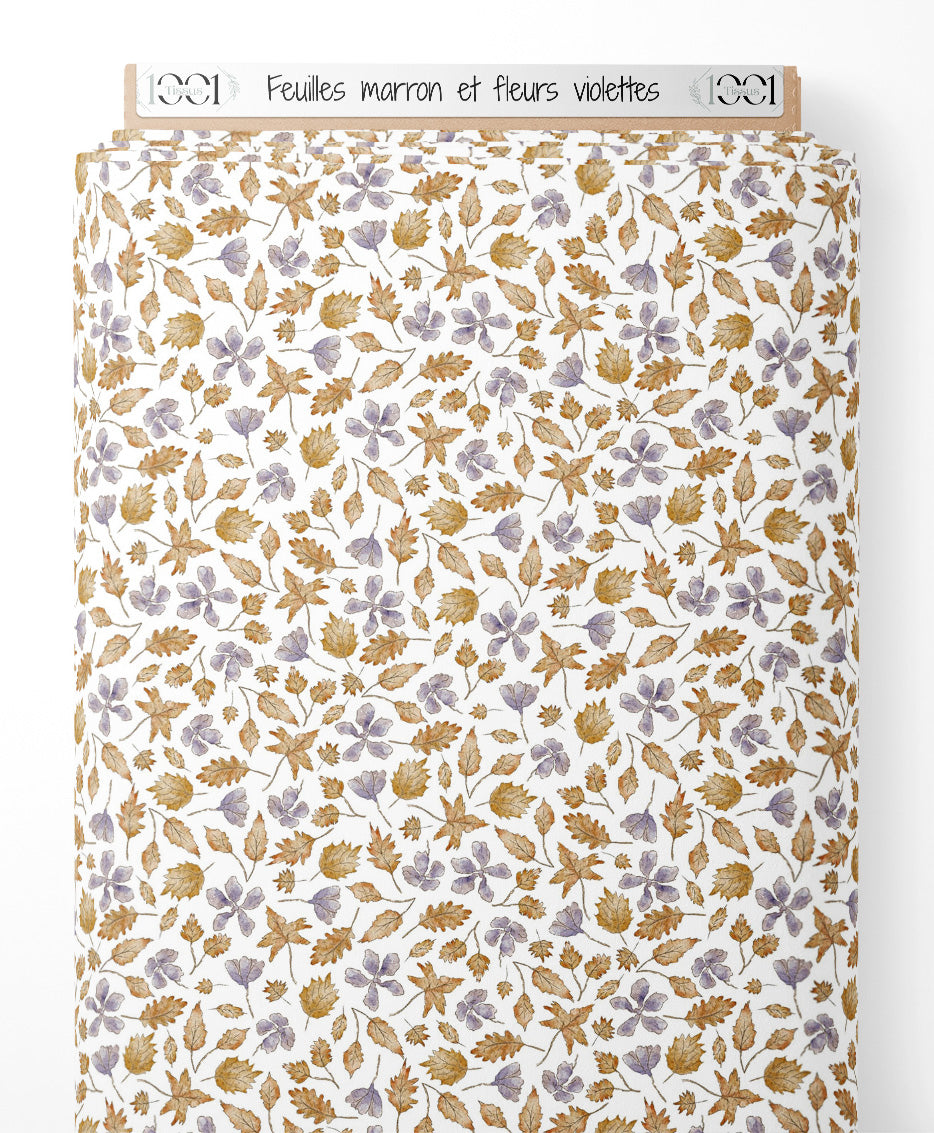 Tissu - Feuilles marron et fleurs violettes