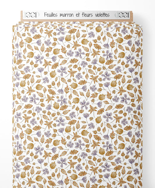 Tissu - Feuilles marron et fleurs violettes