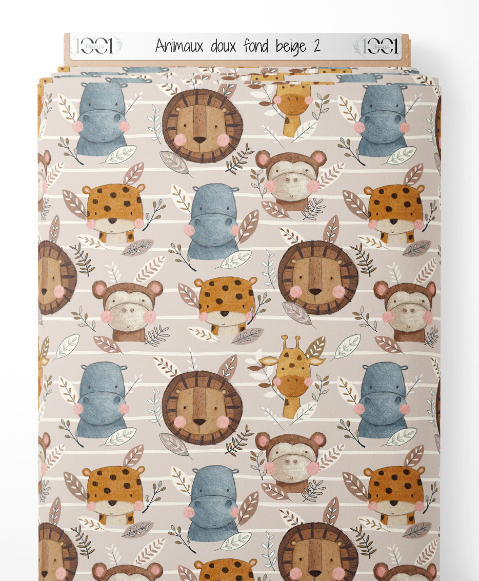 Tissu - Animaux doux sur fond beige 2