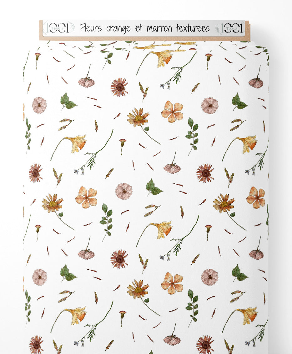 Tissu - Fleurs orange et marron texturées