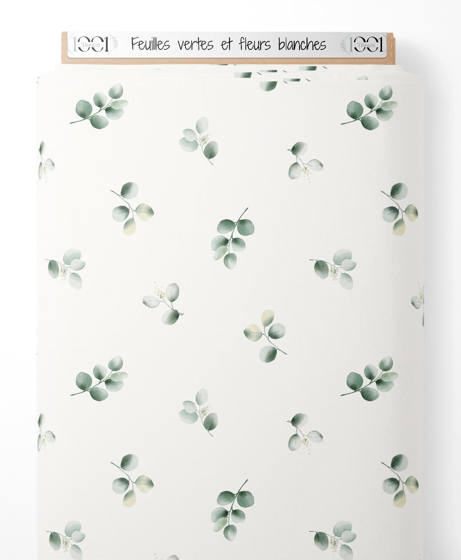 Tissu - Feuilles vertes et fleurs blanches