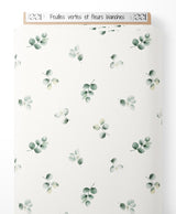 Tissu - Feuilles vertes et fleurs blanches