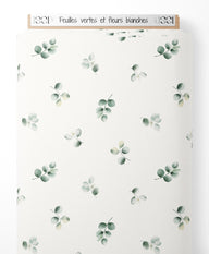 Tissu - Feuilles vertes et fleurs blanches