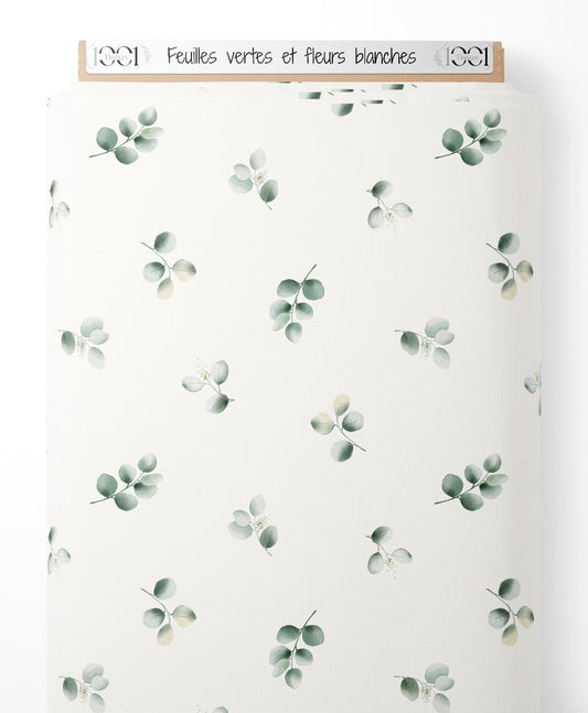 Tissu - Feuilles vertes et fleurs blanches
