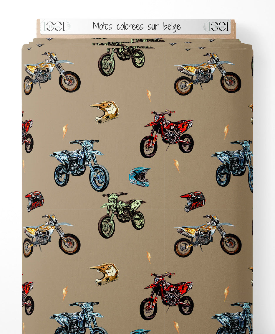 Tissu - Motos colorées sur beige