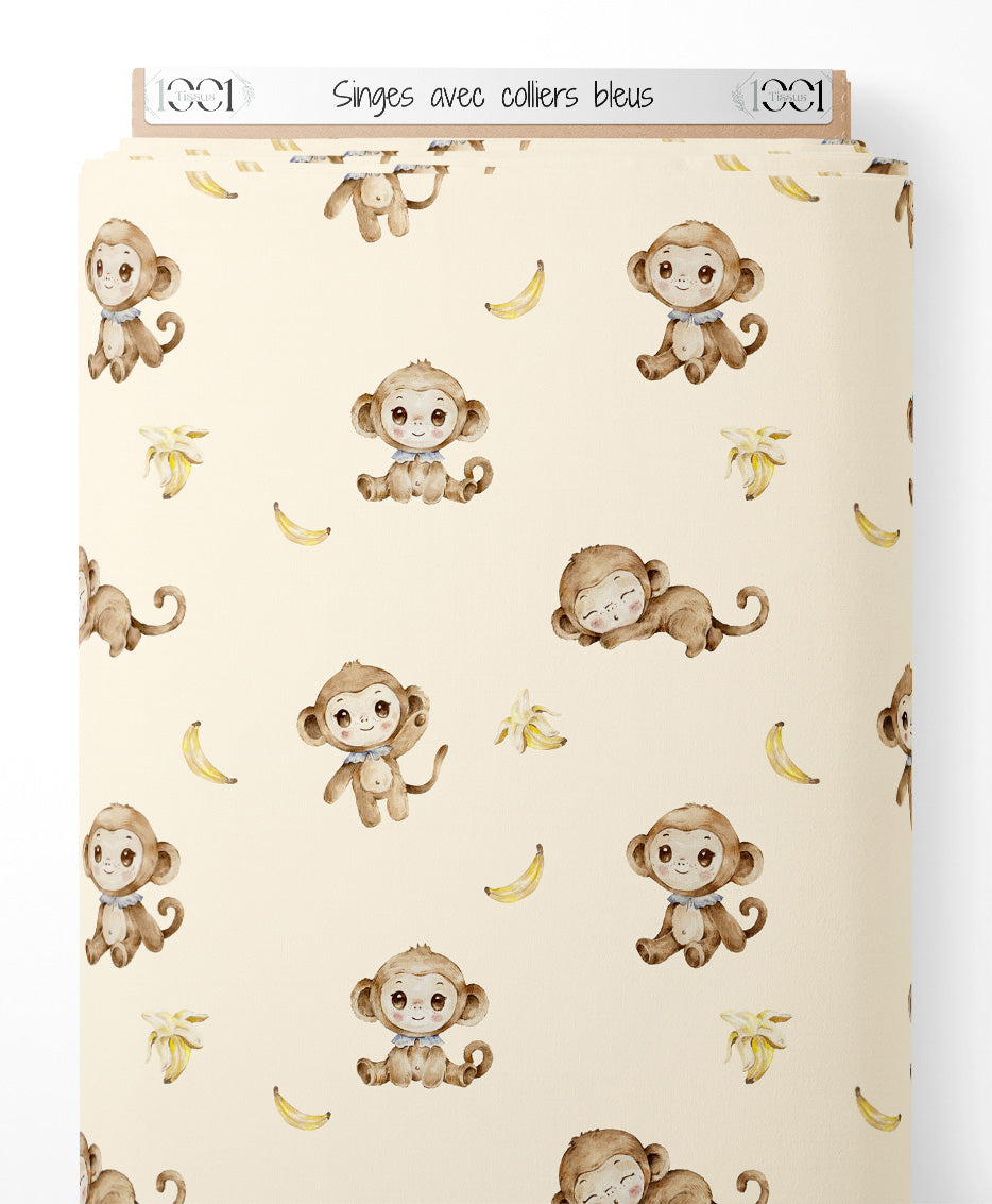 Tissu - Singes avec colliers bleus