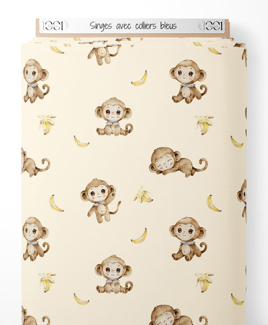 Tissu - Singes avec colliers bleus