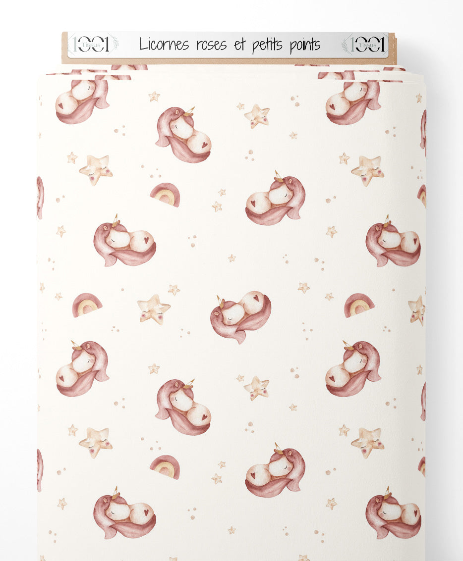 Tissu - Licornes roses et petits points