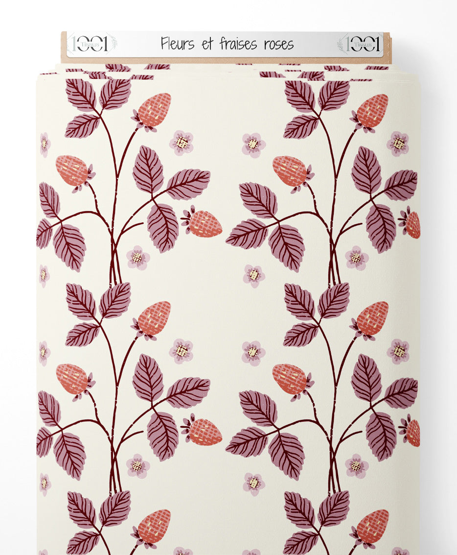 Tissu - Fleurs et fraises roses