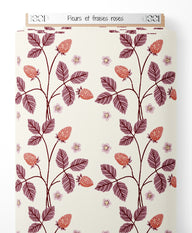 Tissu - Fleurs et fraises roses