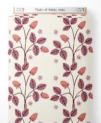Tissu - Fleurs et fraises roses