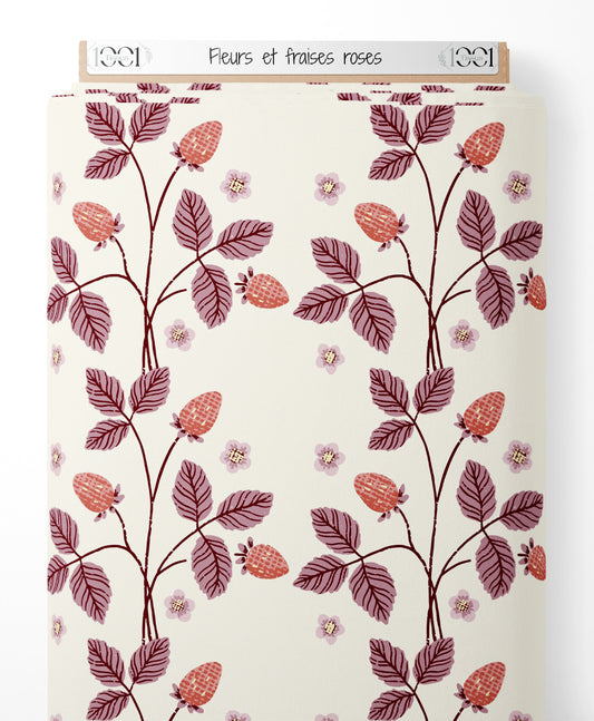 Tissu - Fleurs et fraises roses