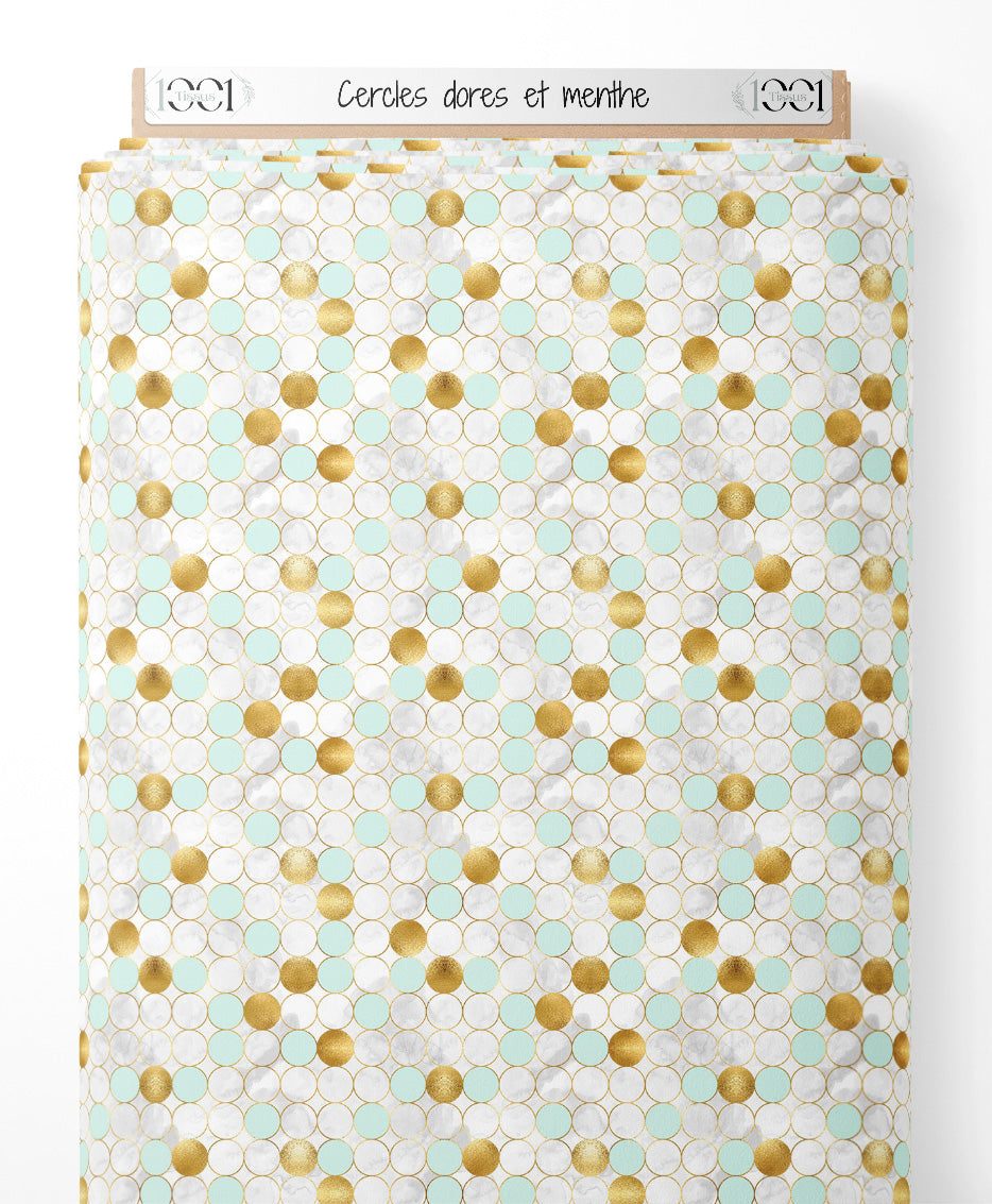 Tissu - Cercles dorés et menthe