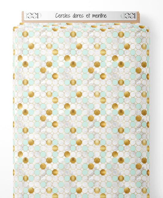 Tissu - Cercles dorés et menthe