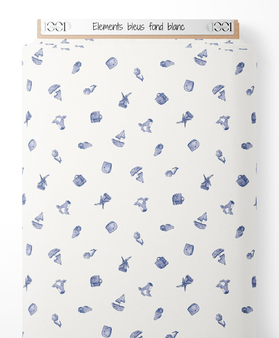 Tissu - Éléments bleus sur fond blanc