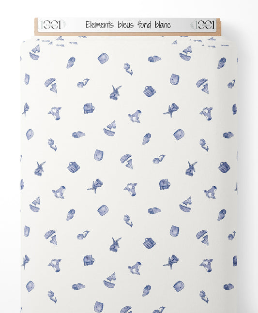 Tissu - Éléments bleus sur fond blanc