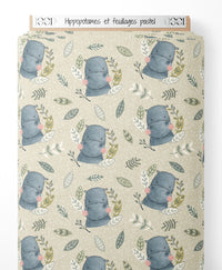 Tissu - Hippopotames et feuillages pastel