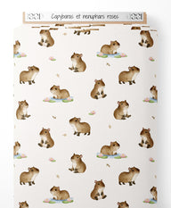 Tissu - Capybaras et nénuphars roses