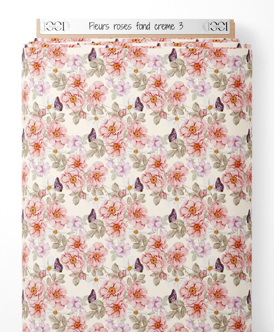 Tissu - Fleurs roses sur fond crème 3
