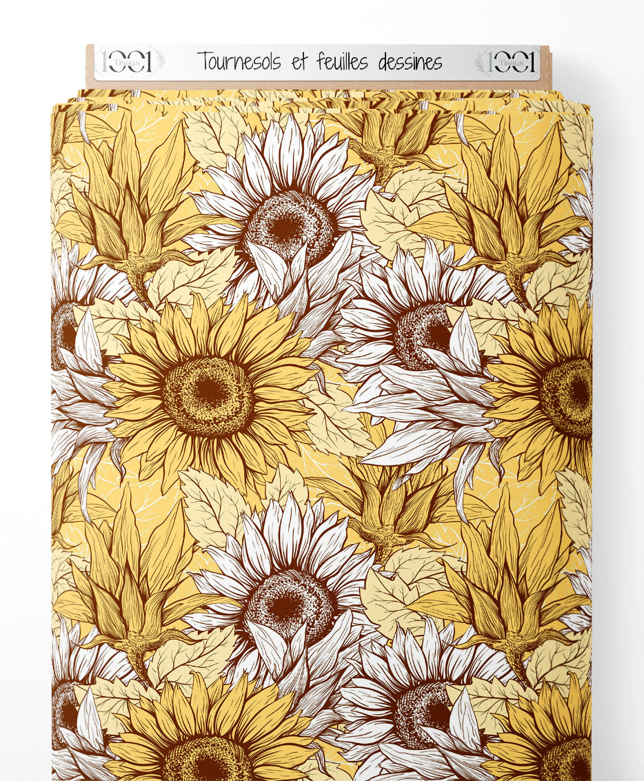Tissu - Tournesols et feuilles dessinés