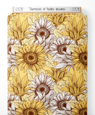 Tissu - Tournesols et feuilles dessinés