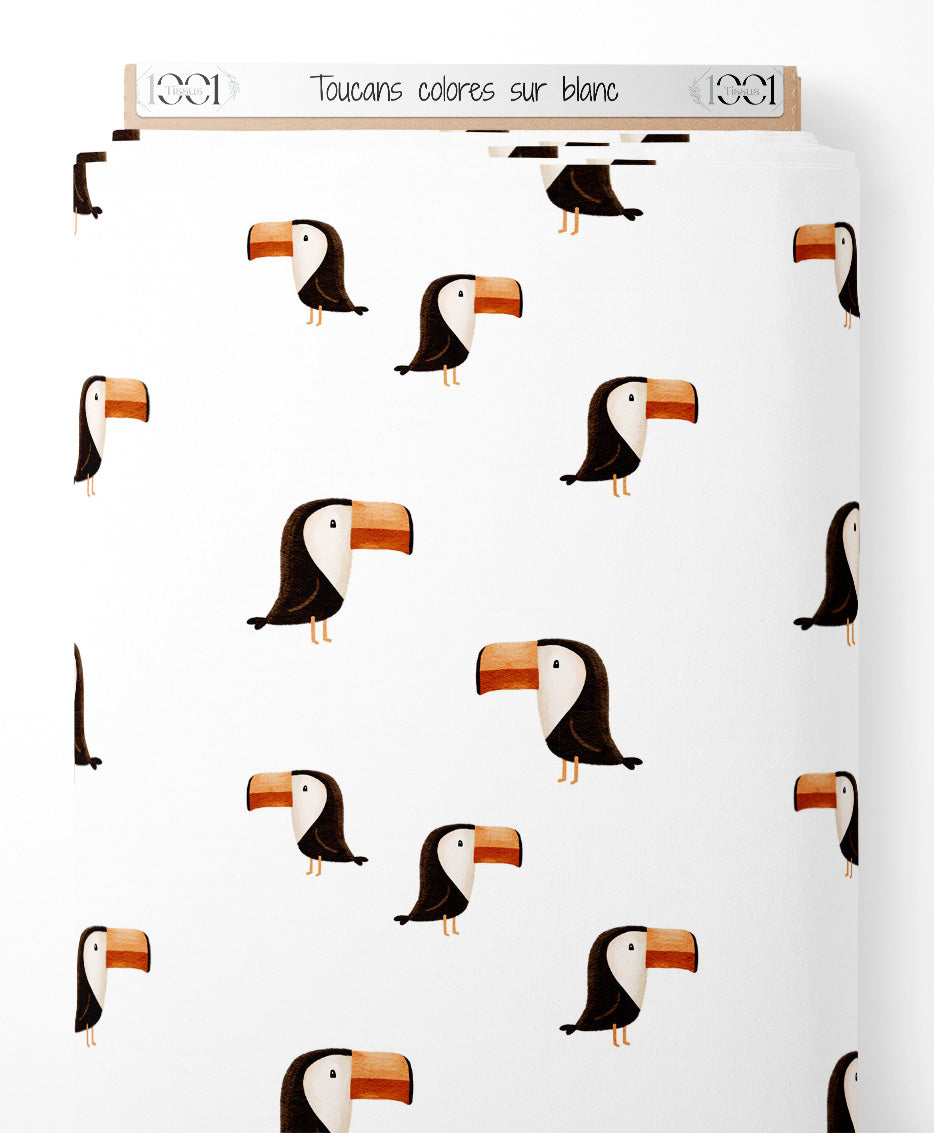 Tissu - Toucans colorés sur blanc