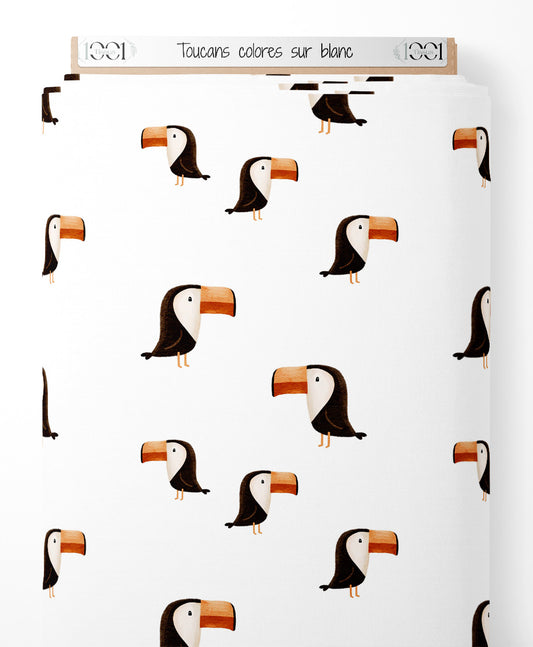 Tissu - Toucans colorés sur blanc