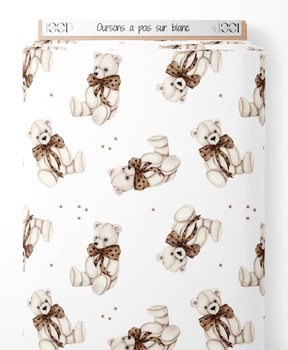 Tissu - Oursons à pois sur blanc