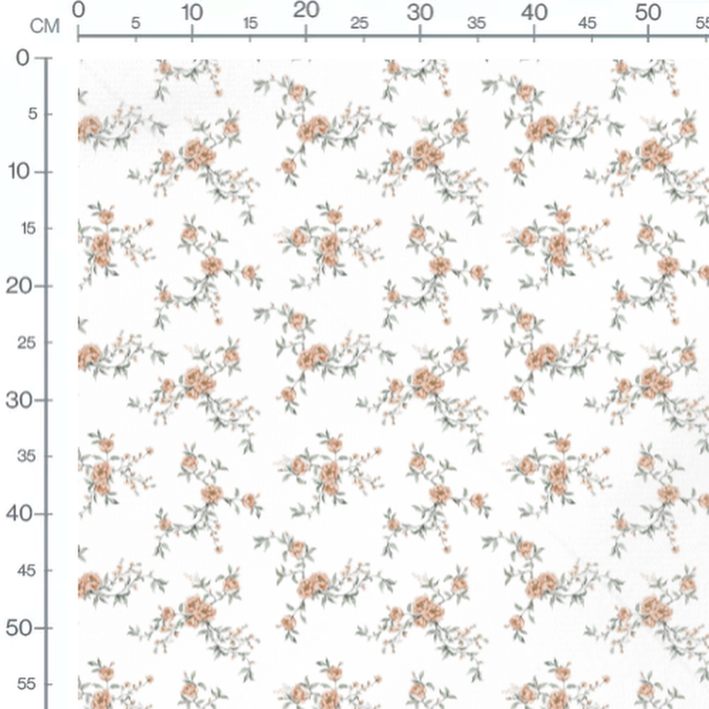 Tissu - Roses pêche et feuilles vertes