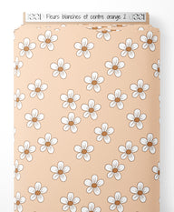 Tissu - Fleurs blanches et centre orange 2