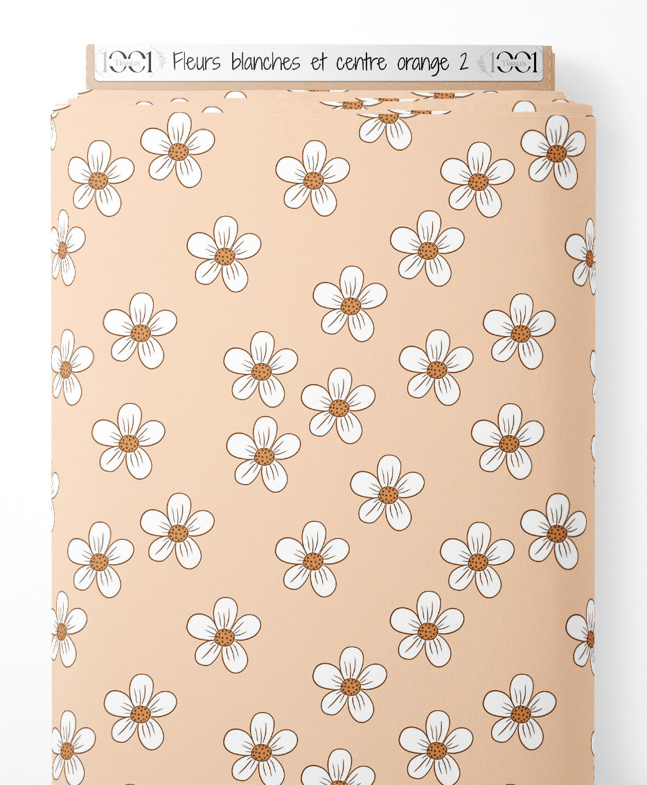 Tissu - Fleurs blanches et centre orange 2
