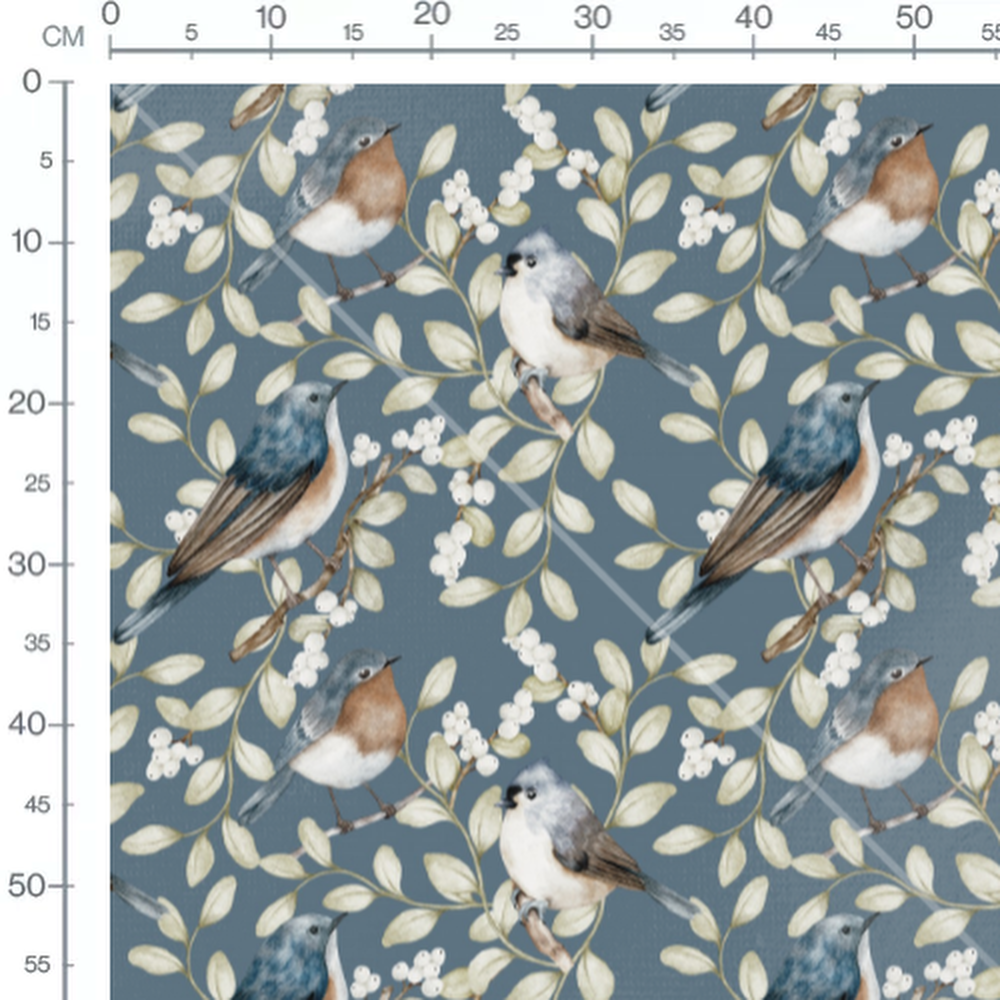 Tissu - Oiseaux gris sur fond bleu