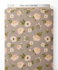 Tissu - Fleurs roses sur fond taupe
