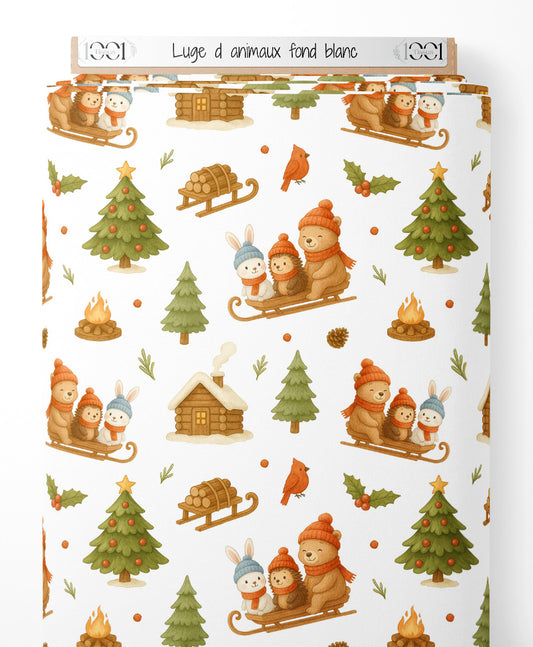 Tissu - Luge d'animaux sur fond blanc