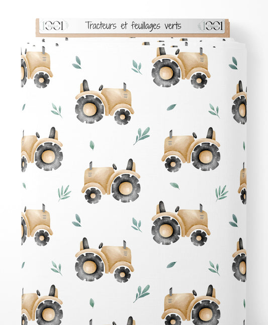 Tissu - Tracteurs et feuillages verts