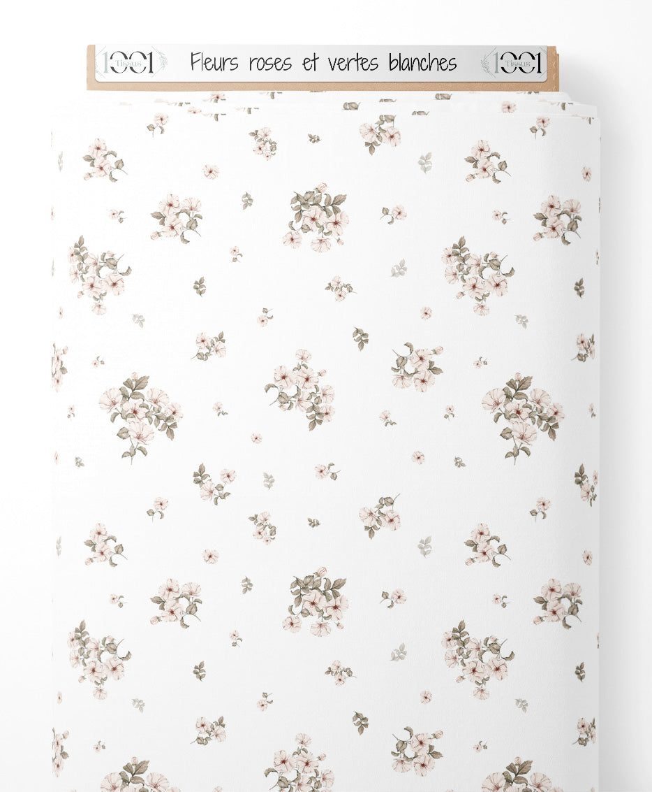 Tissu - Fleurs roses et vertes blanches