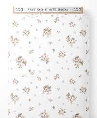 Tissu - Fleurs roses et vertes blanches