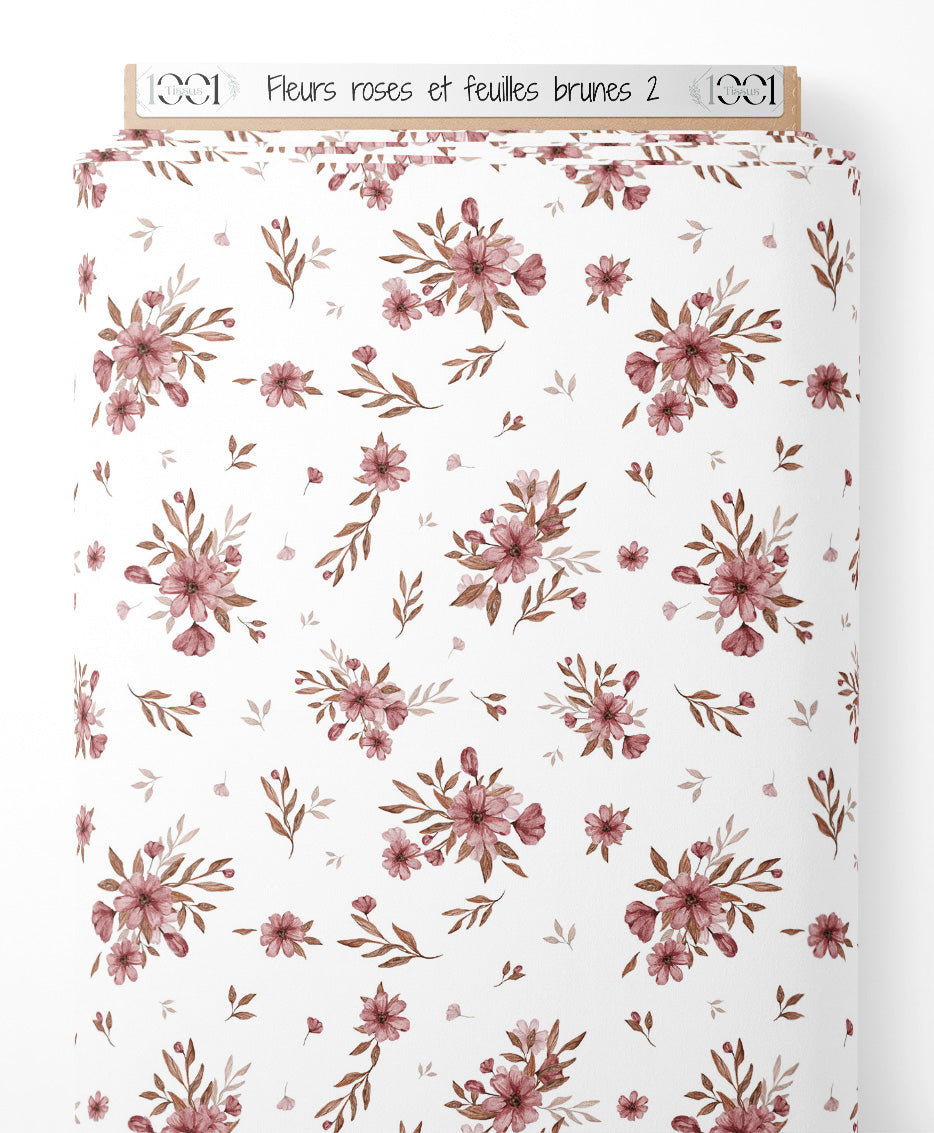 Tissu - Fleurs roses et feuilles brunes 2