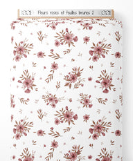 Tissu - Fleurs roses et feuilles brunes 2