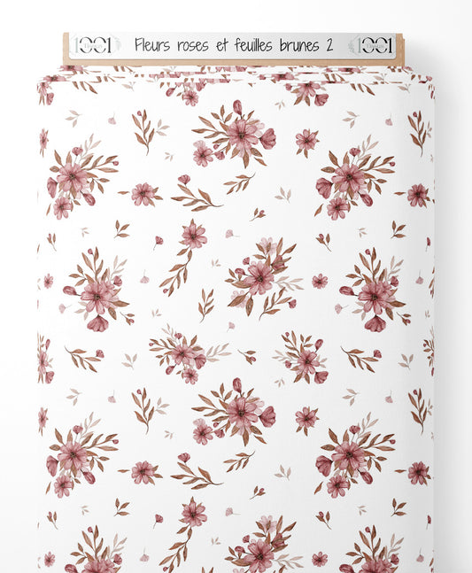 Tissu - Fleurs roses et feuilles brunes 2