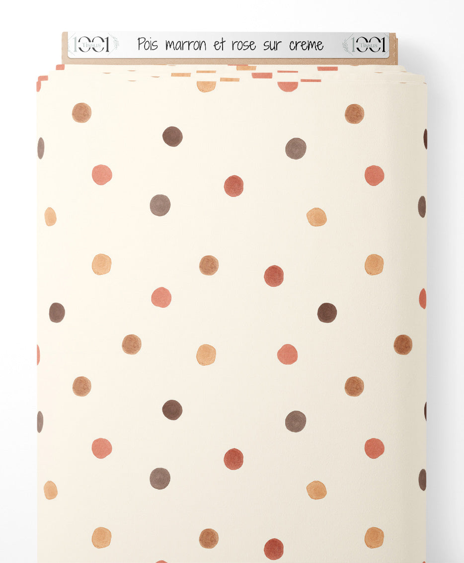 Tissu - Pois marron et rose sur crème