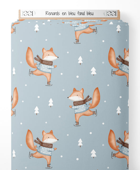 Tissu - Renards en bleu sur fond bleu