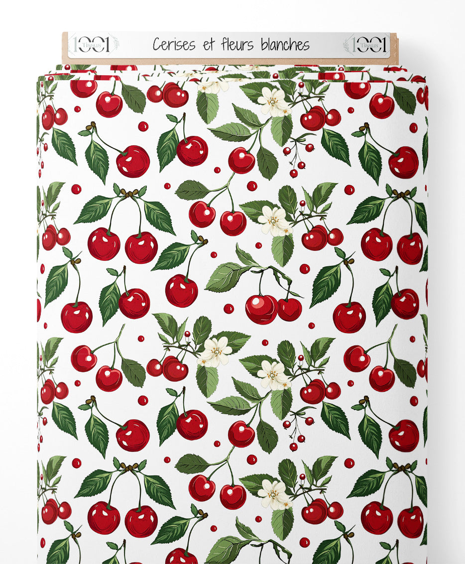 Tissu - Cerises et fleurs blanches