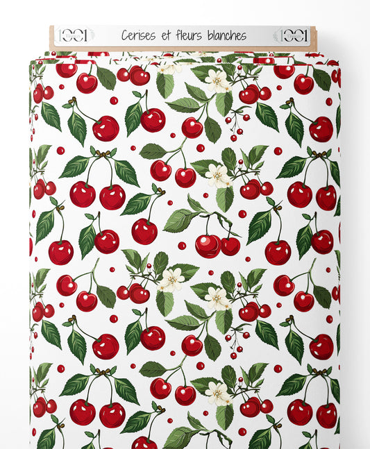 Tissu - Cerises et fleurs blanches