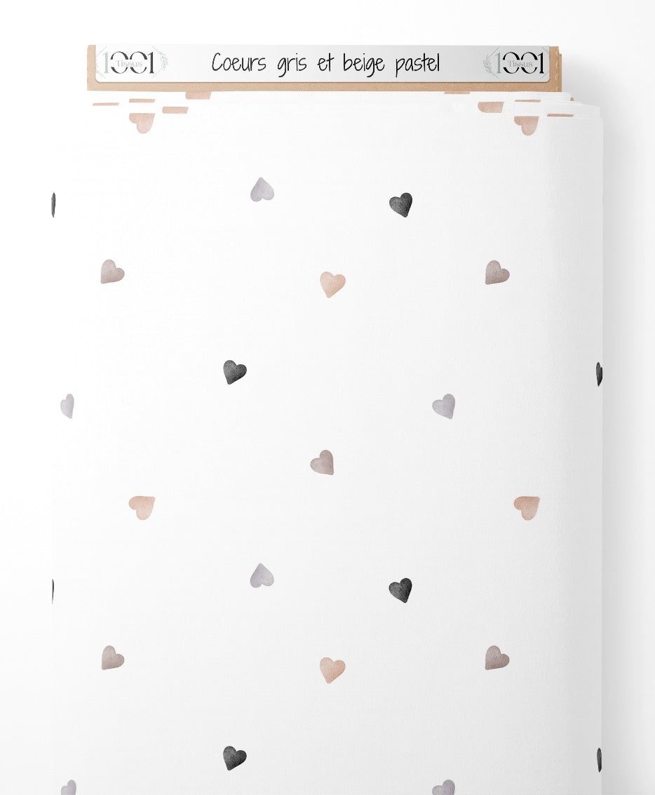 Tissu - Cœurs gris et beige pastel