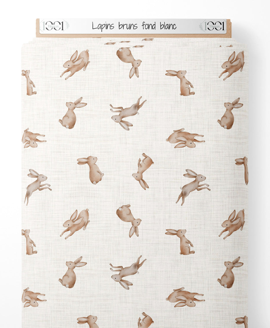 Tissu - Lapins bruns sur fond blanc